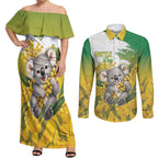 Australia Wattle Day Personalised Couples Matching Off Shoulder Maxi Dress and Long Sleeve Button Shirt Acacia Pycnantha Cute Koala