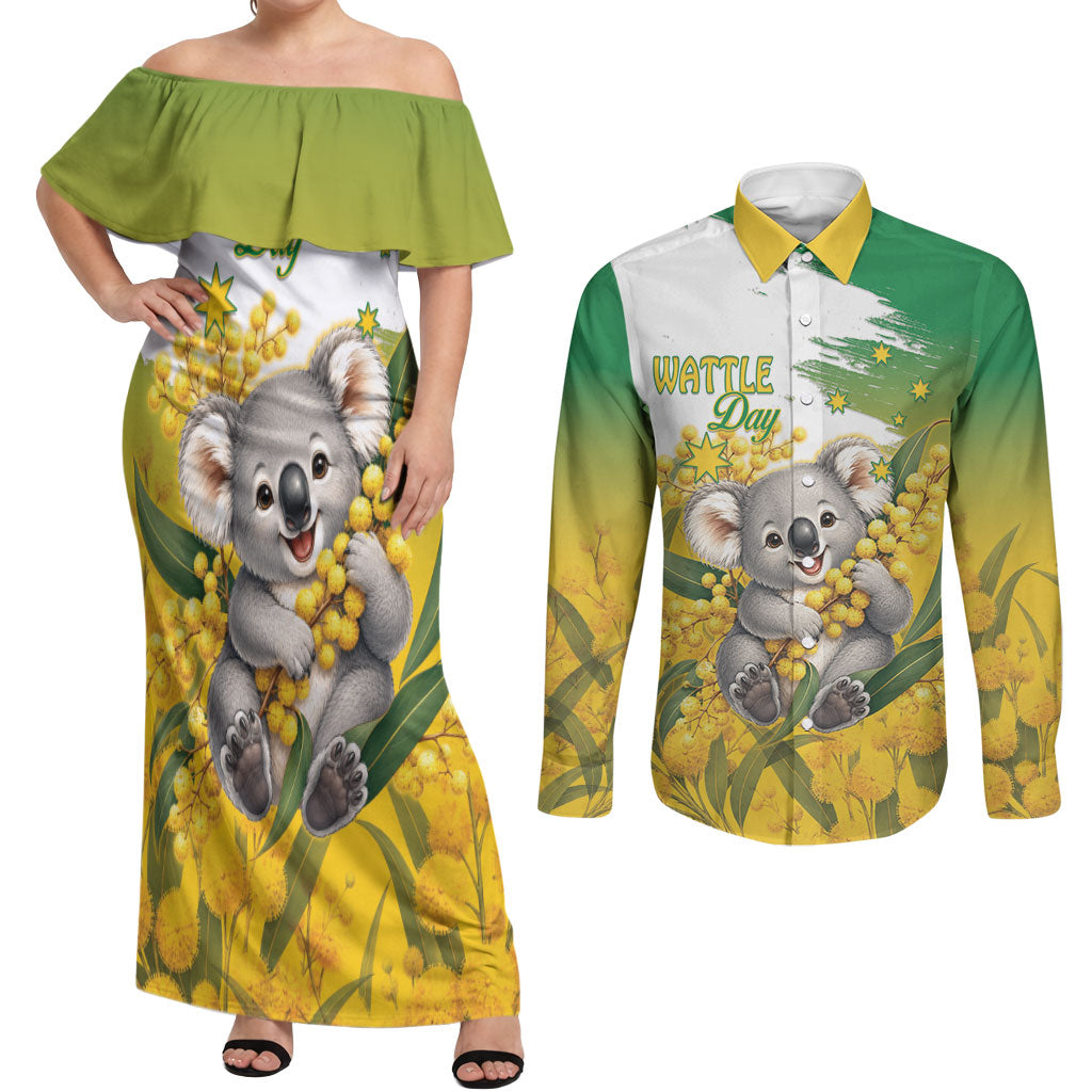 Australia Wattle Day Personalised Couples Matching Off Shoulder Maxi Dress and Long Sleeve Button Shirt Acacia Pycnantha Cute Koala