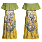 Australia Wattle Day Personalised Couples Matching Off Shoulder Maxi Dress and Long Sleeve Button Shirt Acacia Pycnantha Cute Koala