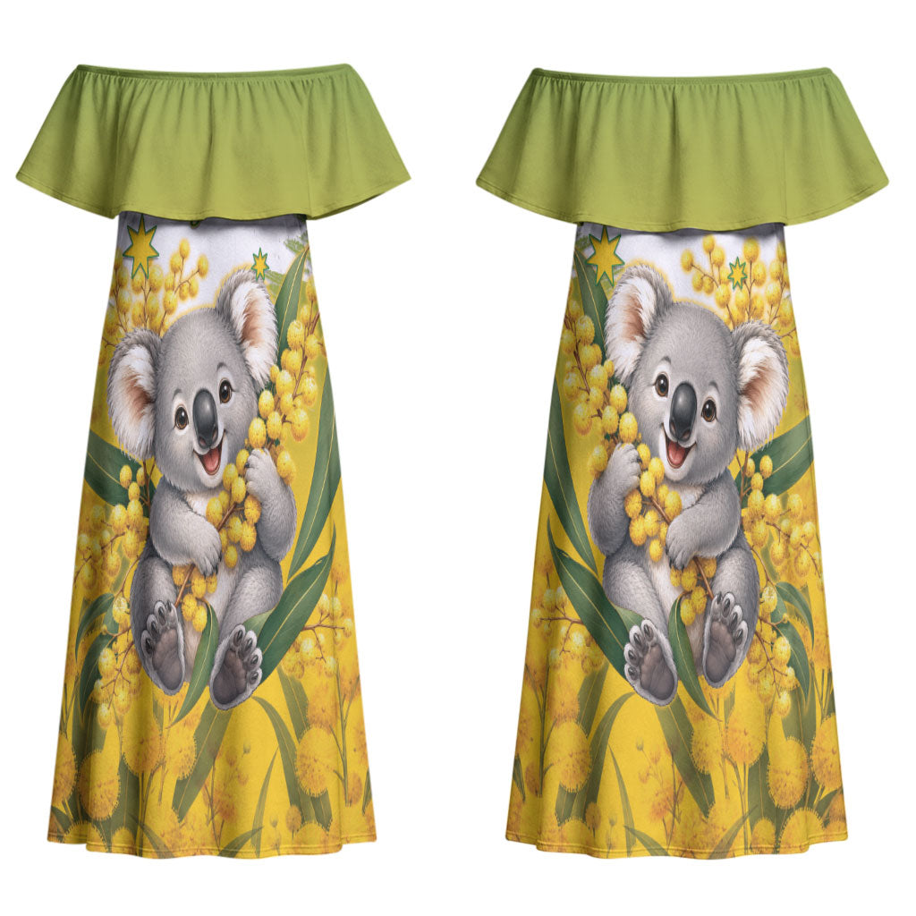 Australia Wattle Day Personalised Couples Matching Off Shoulder Maxi Dress and Long Sleeve Button Shirt Acacia Pycnantha Cute Koala