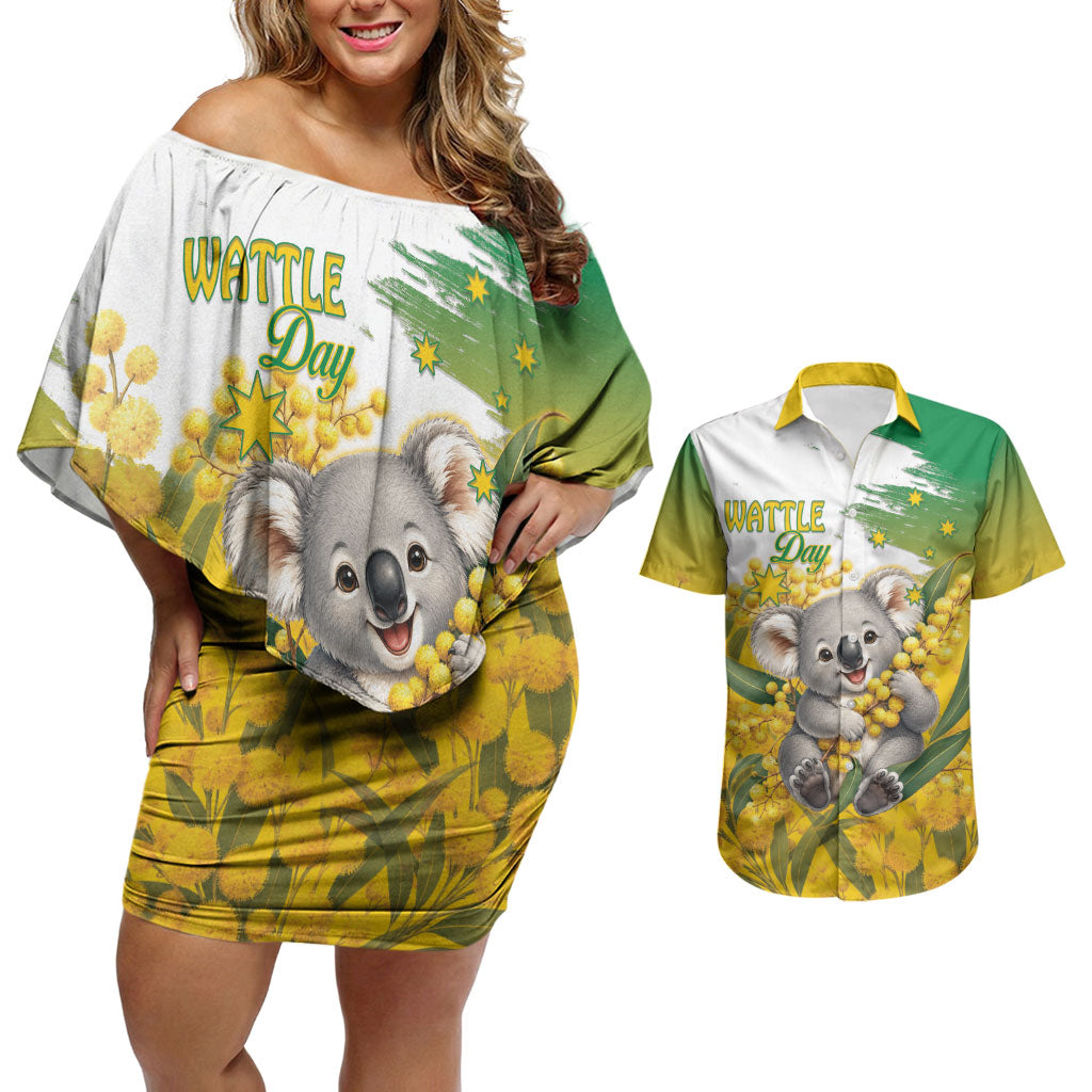 Australia Wattle Day Personalised Couples Matching Off Shoulder Short Dress and Hawaiian Shirt Acacia Pycnantha Cute Koala