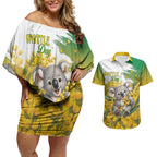 Australia Wattle Day Personalised Couples Matching Off Shoulder Short Dress and Hawaiian Shirt Acacia Pycnantha Cute Koala