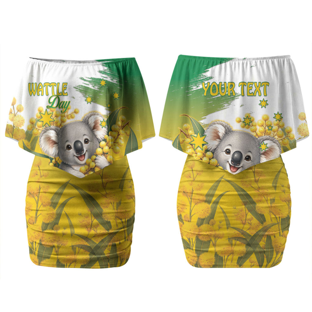Australia Wattle Day Personalised Couples Matching Off Shoulder Short Dress and Hawaiian Shirt Acacia Pycnantha Cute Koala