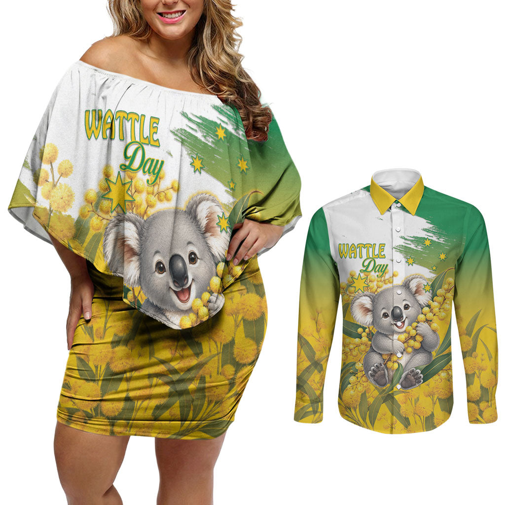 Australia Wattle Day Personalised Couples Matching Off Shoulder Short Dress and Long Sleeve Button Shirt Acacia Pycnantha Cute Koala