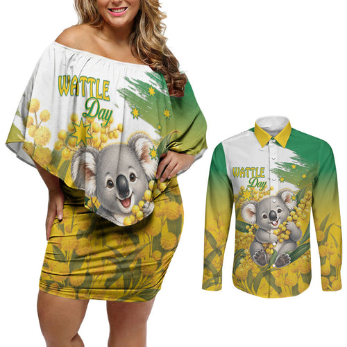 Australia Wattle Day Personalised Couples Matching Off Shoulder Short Dress and Long Sleeve Button Shirt Acacia Pycnantha Cute Koala