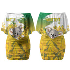 Australia Wattle Day Personalised Couples Matching Off Shoulder Short Dress and Long Sleeve Button Shirt Acacia Pycnantha Cute Koala