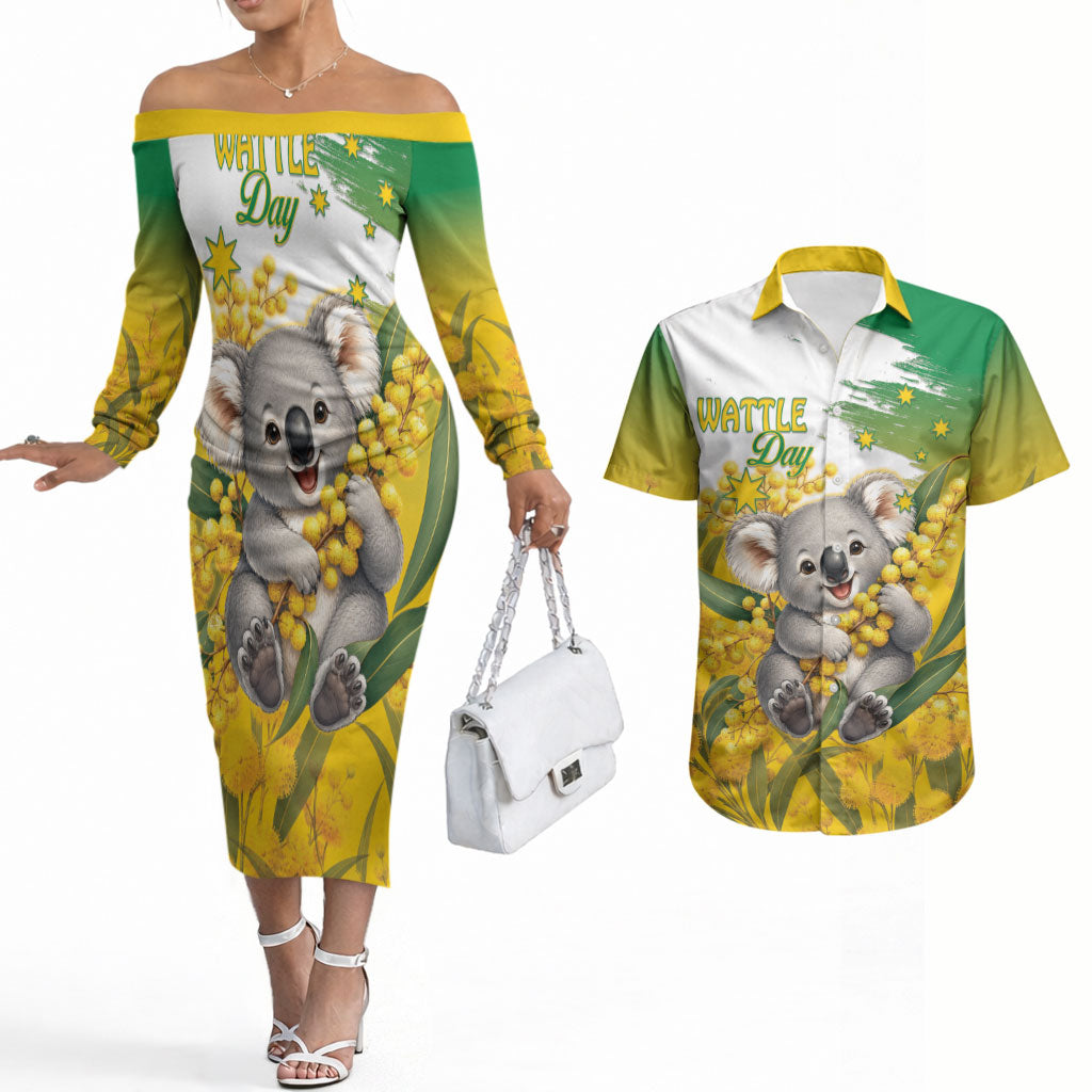 Australia Wattle Day Personalised Couples Matching Off The Shoulder Long Sleeve Dress and Hawaiian Shirt Acacia Pycnantha Cute Koala