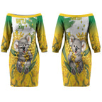 Australia Wattle Day Personalised Couples Matching Off The Shoulder Long Sleeve Dress and Hawaiian Shirt Acacia Pycnantha Cute Koala