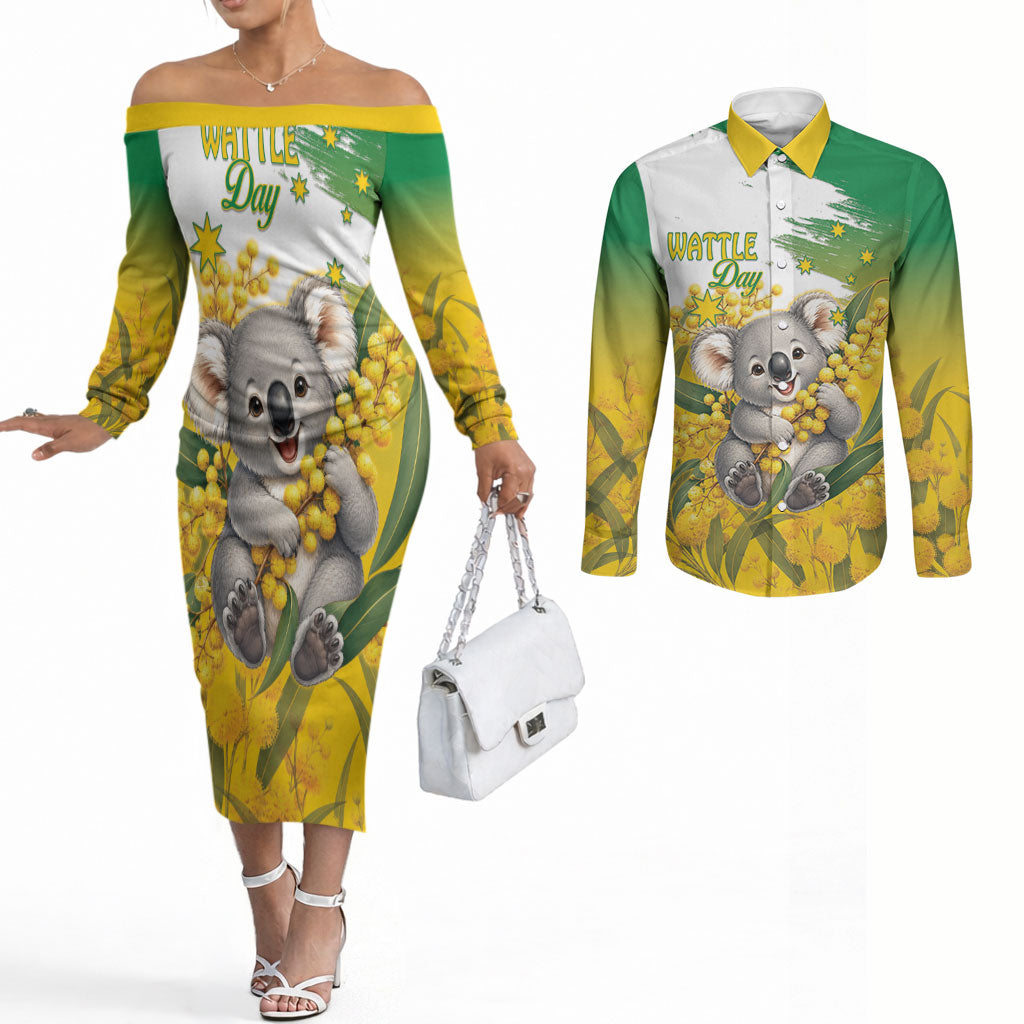 Australia Wattle Day Personalised Couples Matching Off The Shoulder Long Sleeve Dress and Long Sleeve Button Shirt Acacia Pycnantha Cute Koala