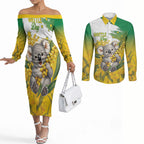 Australia Wattle Day Personalised Couples Matching Off The Shoulder Long Sleeve Dress and Long Sleeve Button Shirt Acacia Pycnantha Cute Koala