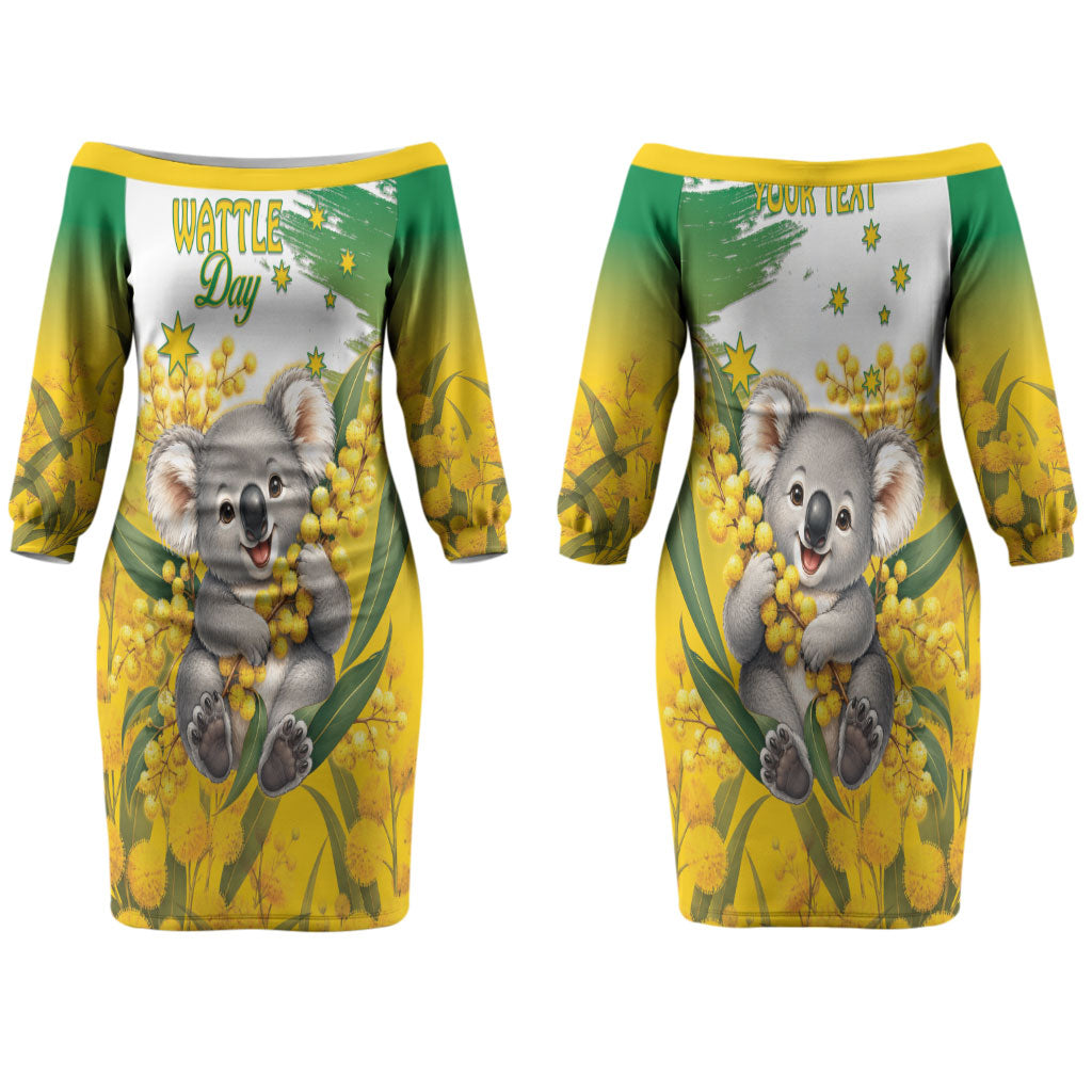 Australia Wattle Day Personalised Couples Matching Off The Shoulder Long Sleeve Dress and Long Sleeve Button Shirt Acacia Pycnantha Cute Koala