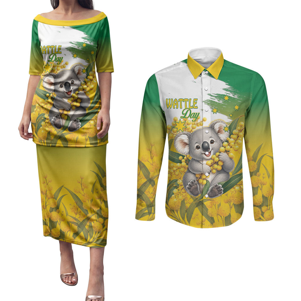 Australia Wattle Day Personalised Couples Matching Puletasi and Long Sleeve Button Shirt Acacia Pycnantha Cute Koala