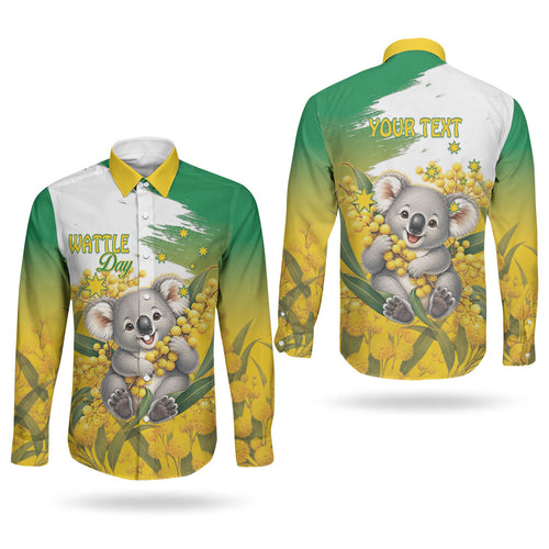 Australia Wattle Day Personalised Couples Matching Puletasi and Long Sleeve Button Shirt Acacia Pycnantha Cute Koala