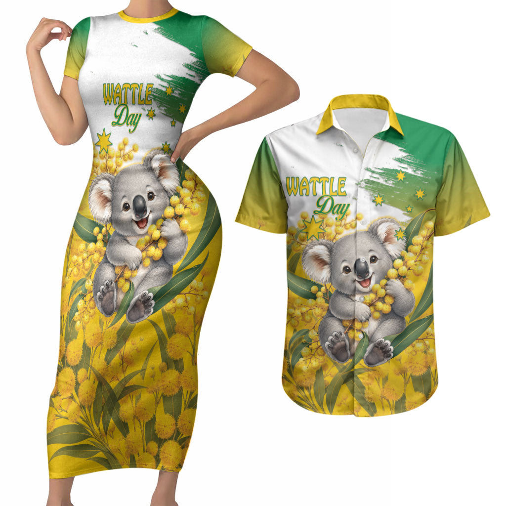 Australia Wattle Day Personalised Couples Matching Short Sleeve Bodycon Dress and Hawaiian Shirt Acacia Pycnantha Cute Koala