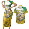 Australia Wattle Day Personalised Couples Matching Short Sleeve Bodycon Dress and Hawaiian Shirt Acacia Pycnantha Cute Koala