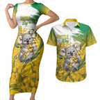 Australia Wattle Day Personalised Couples Matching Short Sleeve Bodycon Dress and Hawaiian Shirt Acacia Pycnantha Cute Koala