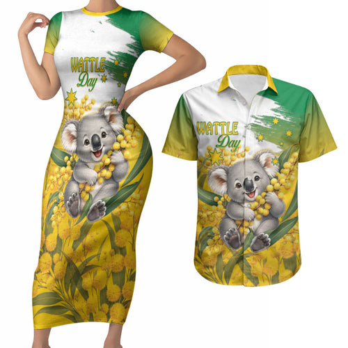 Australia Wattle Day Personalised Couples Matching Short Sleeve Bodycon Dress and Hawaiian Shirt Acacia Pycnantha Cute Koala