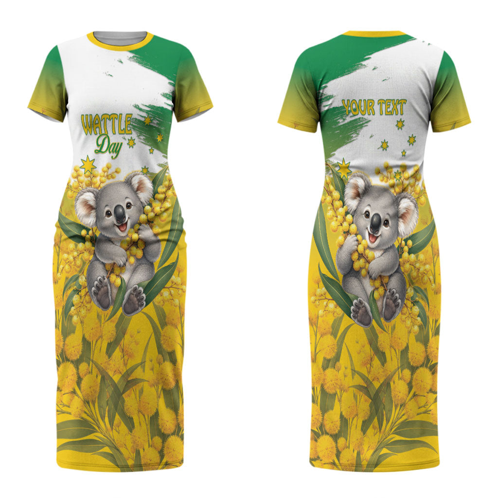 Australia Wattle Day Personalised Couples Matching Short Sleeve Bodycon Dress and Hawaiian Shirt Acacia Pycnantha Cute Koala