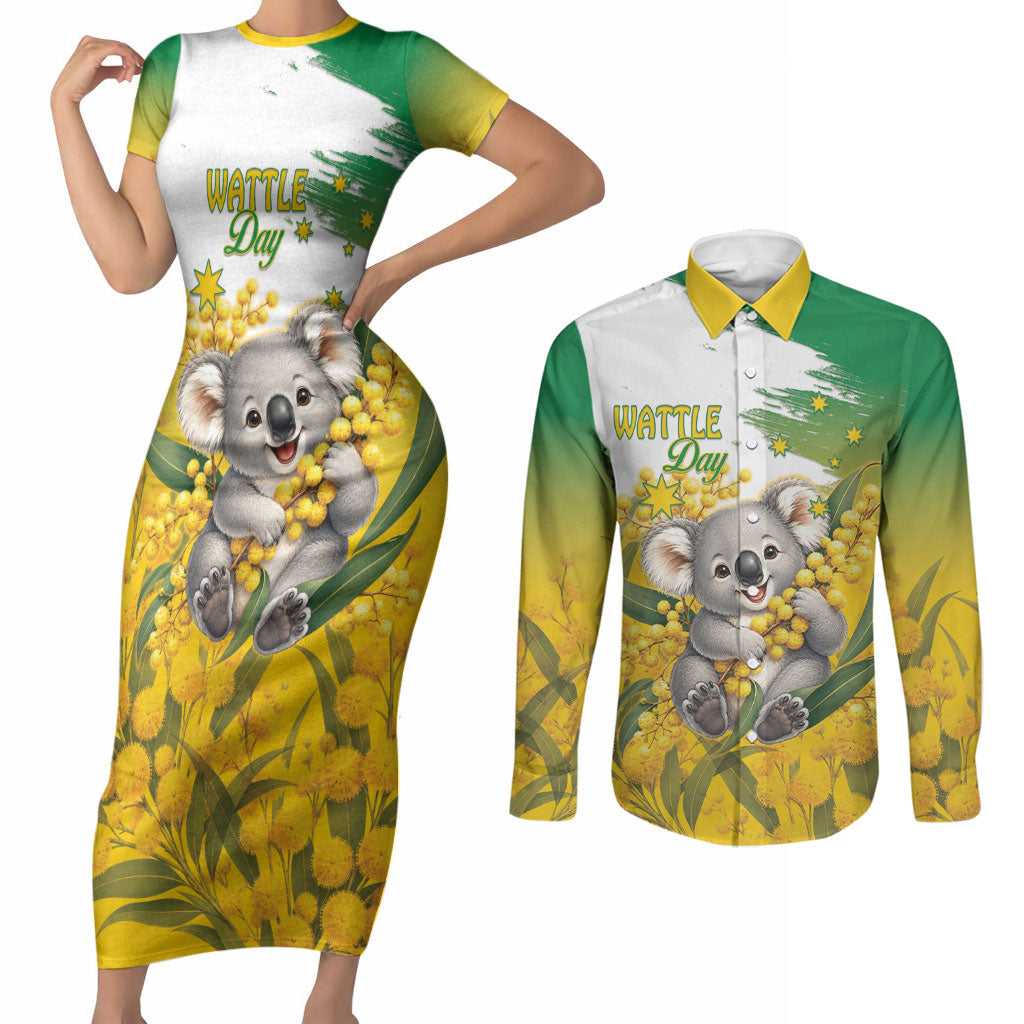 Australia Wattle Day Personalised Couples Matching Short Sleeve Bodycon Dress and Long Sleeve Button Shirt Acacia Pycnantha Cute Koala