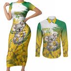 Australia Wattle Day Personalised Couples Matching Short Sleeve Bodycon Dress and Long Sleeve Button Shirt Acacia Pycnantha Cute Koala