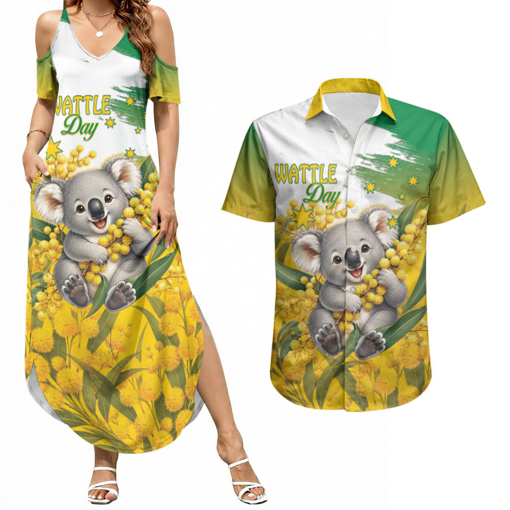 Australia Wattle Day Personalised Couples Matching Summer Maxi Dress and Hawaiian Shirt Acacia Pycnantha Cute Koala