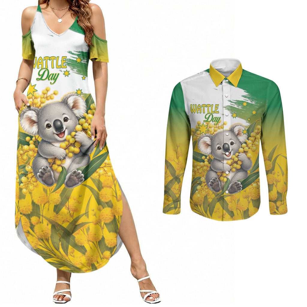 Australia Wattle Day Personalised Couples Matching Summer Maxi Dress and Long Sleeve Button Shirt Acacia Pycnantha Cute Koala
