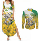 Australia Wattle Day Personalised Couples Matching Summer Maxi Dress and Long Sleeve Button Shirt Acacia Pycnantha Cute Koala