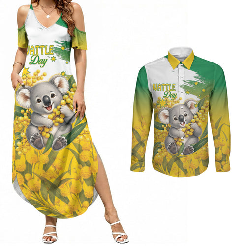 Australia Wattle Day Personalised Couples Matching Summer Maxi Dress and Long Sleeve Button Shirt Acacia Pycnantha Cute Koala