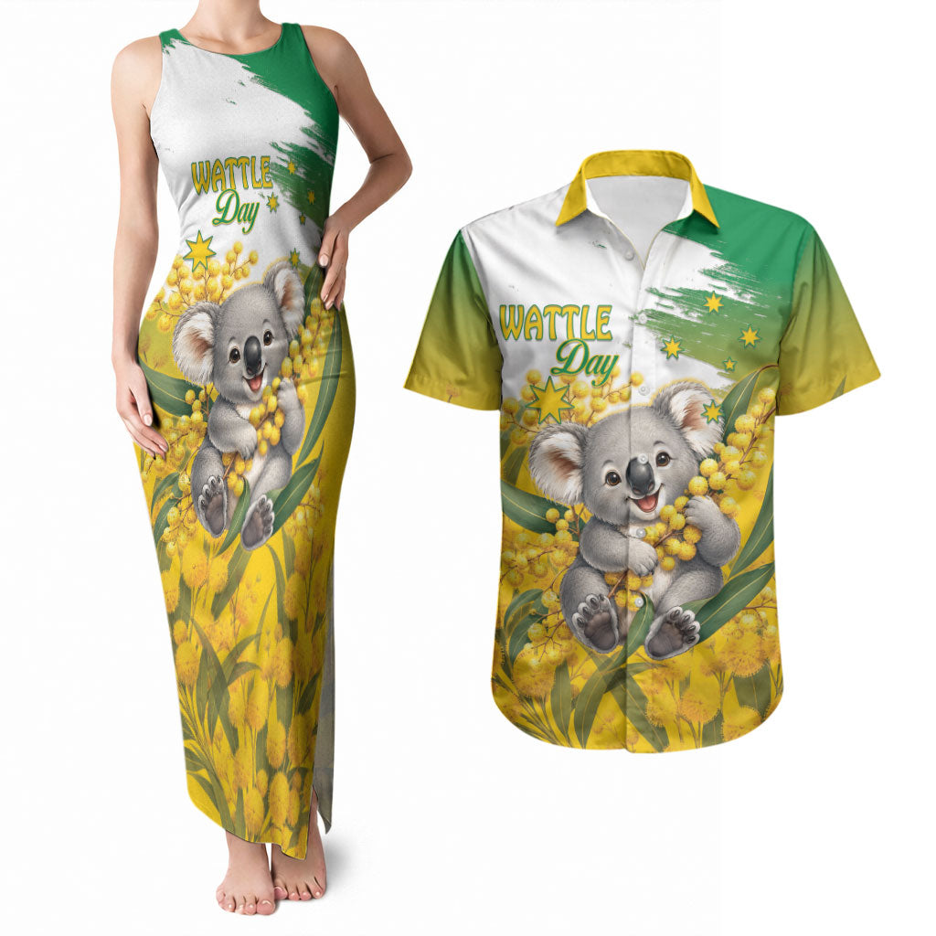 Australia Wattle Day Personalised Couples Matching Tank Maxi Dress and Hawaiian Shirt Acacia Pycnantha Cute Koala