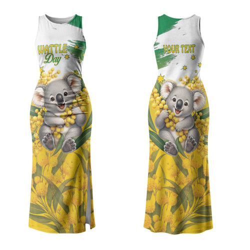 Australia Wattle Day Personalised Couples Matching Tank Maxi Dress and Long Sleeve Button Shirt Acacia Pycnantha Cute Koala