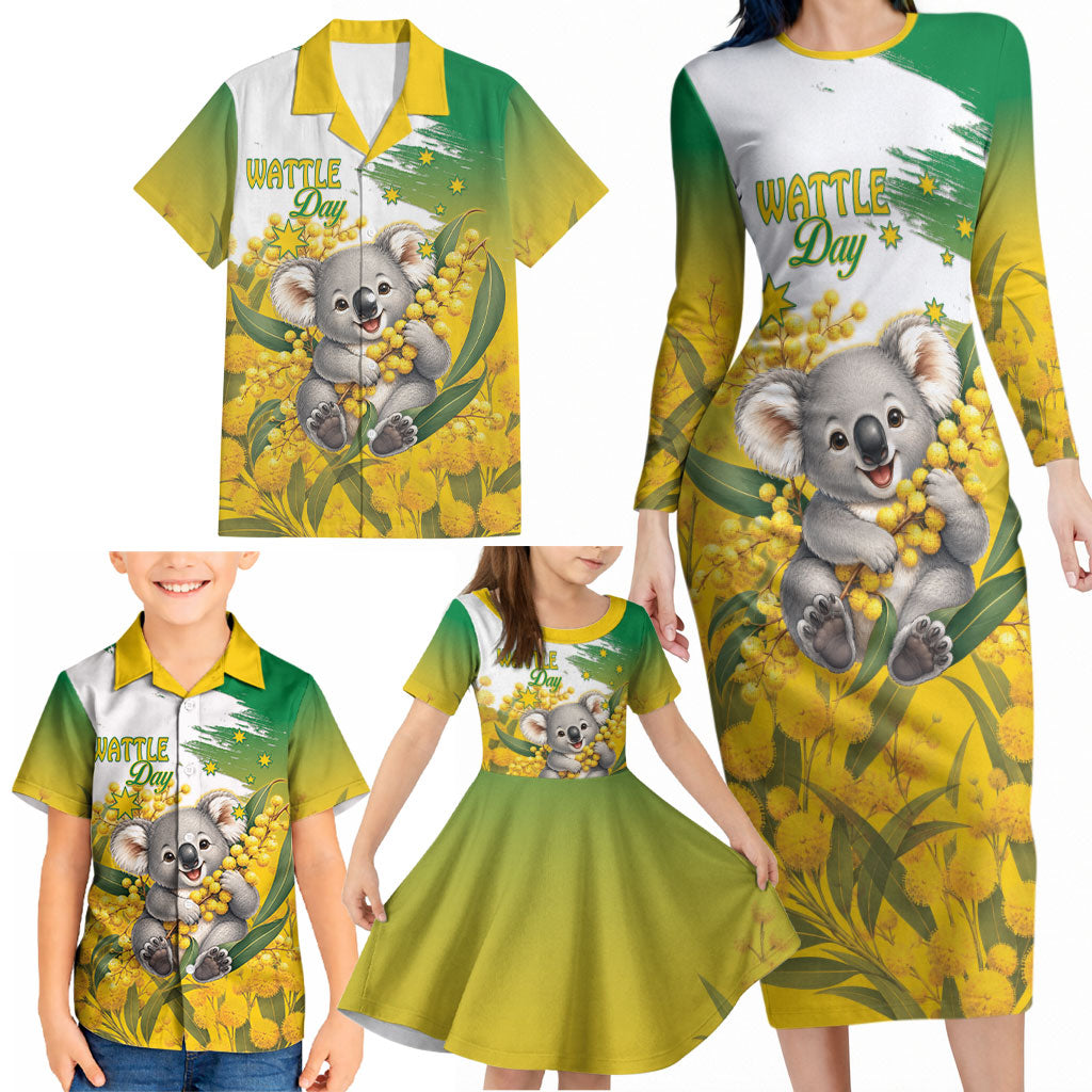 Australia Wattle Day Personalised Family Matching Long Sleeve Bodycon Dress and Hawaiian Shirt Acacia Pycnantha Cute Koala
