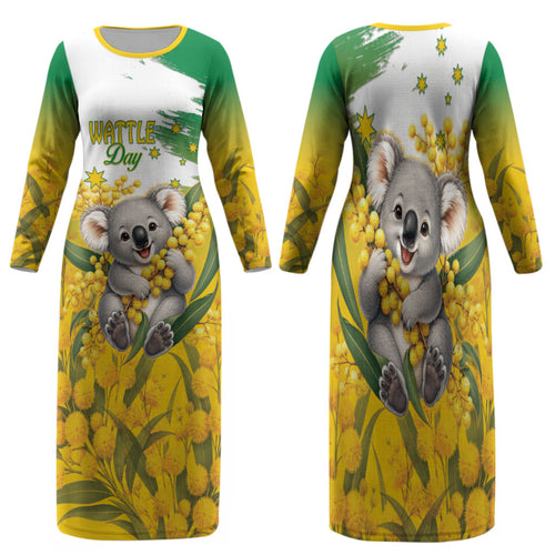 Australia Wattle Day Personalised Family Matching Long Sleeve Bodycon Dress and Hawaiian Shirt Acacia Pycnantha Cute Koala