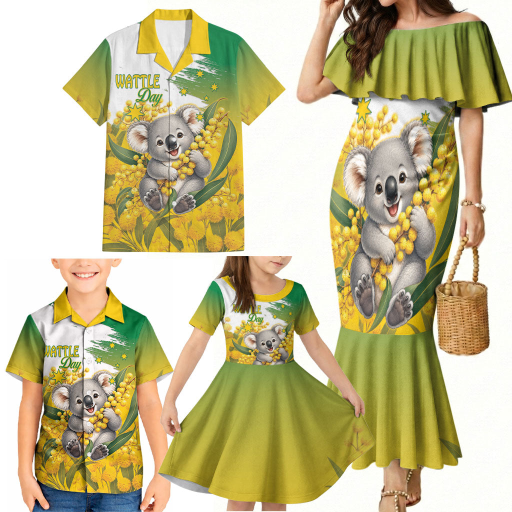 Australia Wattle Day Personalised Family Matching Mermaid Dress and Hawaiian Shirt Acacia Pycnantha Cute Koala