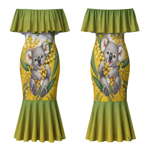 Australia Wattle Day Personalised Family Matching Mermaid Dress and Hawaiian Shirt Acacia Pycnantha Cute Koala