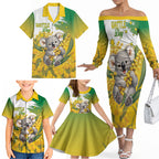 Australia Wattle Day Personalised Family Matching Off The Shoulder Long Sleeve Dress and Hawaiian Shirt Acacia Pycnantha Cute Koala