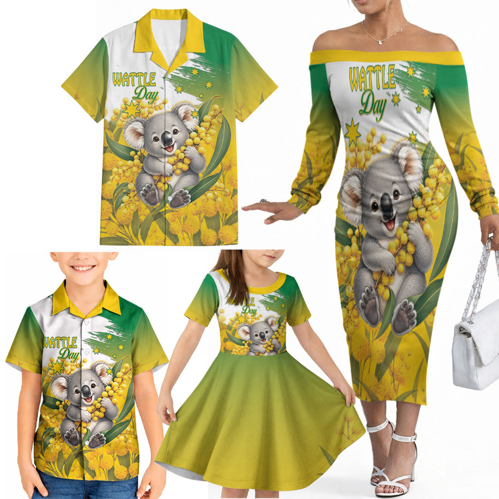 Australia Wattle Day Personalised Family Matching Off The Shoulder Long Sleeve Dress and Hawaiian Shirt Acacia Pycnantha Cute Koala