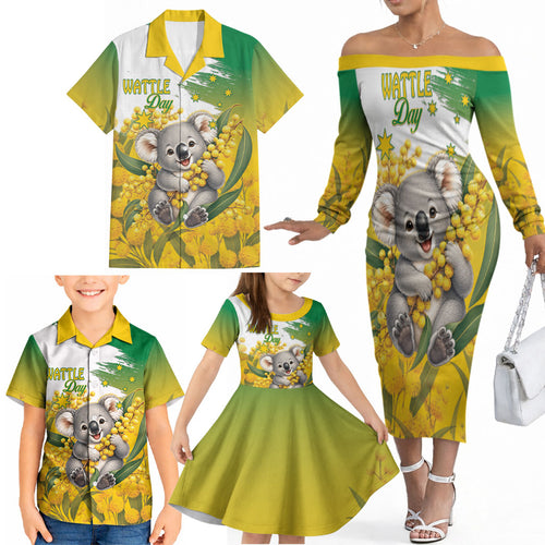 Australia Wattle Day Personalised Family Matching Off The Shoulder Long Sleeve Dress and Hawaiian Shirt Acacia Pycnantha Cute Koala