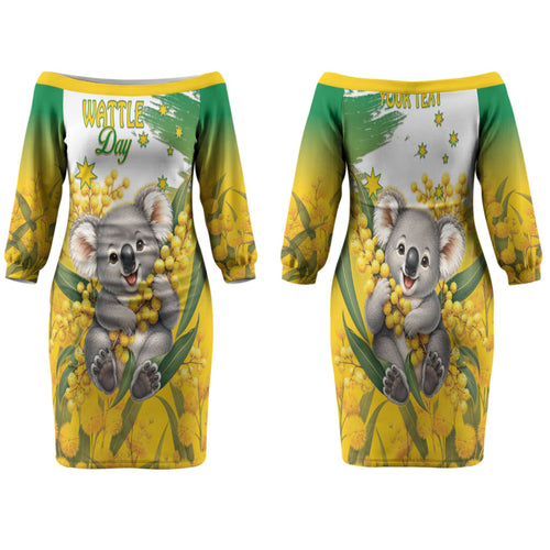 Australia Wattle Day Personalised Family Matching Off The Shoulder Long Sleeve Dress and Hawaiian Shirt Acacia Pycnantha Cute Koala