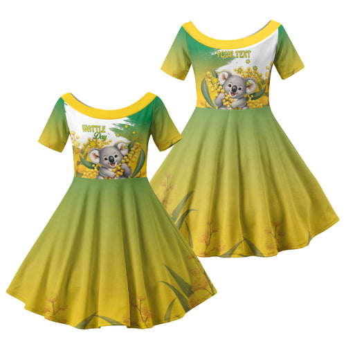 Australia Wattle Day Personalised Family Matching Off The Shoulder Long Sleeve Dress and Hawaiian Shirt Acacia Pycnantha Cute Koala
