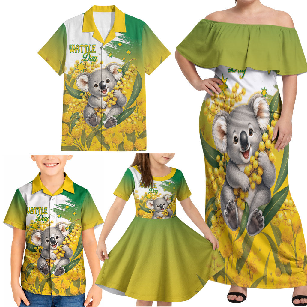 Australia Wattle Day Personalised Family Matching Off Shoulder Maxi Dress and Hawaiian Shirt Acacia Pycnantha Cute Koala