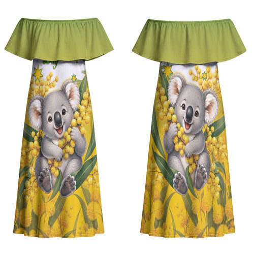 Australia Wattle Day Personalised Family Matching Off Shoulder Maxi Dress and Hawaiian Shirt Acacia Pycnantha Cute Koala