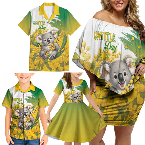 Australia Wattle Day Personalised Family Matching Off Shoulder Short Dress and Hawaiian Shirt Acacia Pycnantha Cute Koala