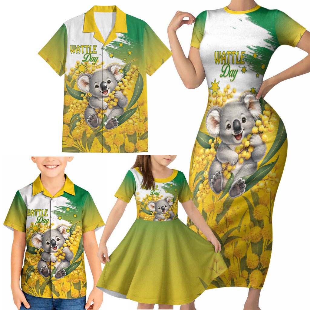 Australia Wattle Day Personalised Family Matching Short Sleeve Bodycon Dress and Hawaiian Shirt Acacia Pycnantha Cute Koala
