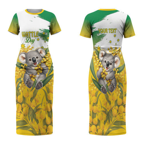 Australia Wattle Day Personalised Family Matching Short Sleeve Bodycon Dress and Hawaiian Shirt Acacia Pycnantha Cute Koala