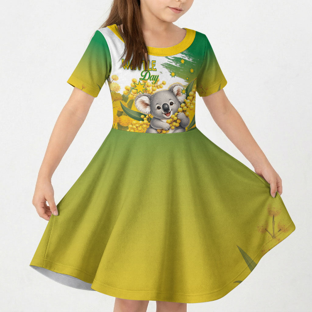 Australia Wattle Day Personalised Kid Short Sleeve Dress Acacia Pycnantha Cute Koala