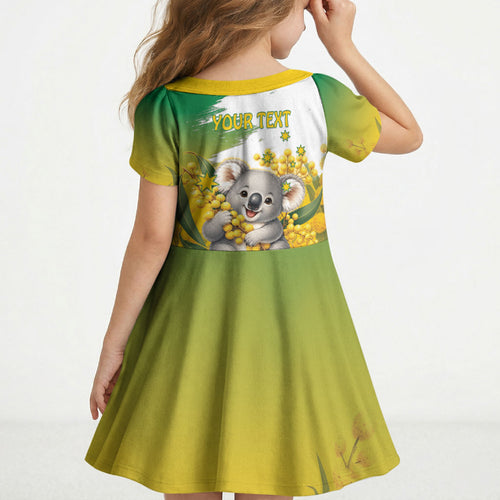 Australia Wattle Day Personalised Kid Short Sleeve Dress Acacia Pycnantha Cute Koala