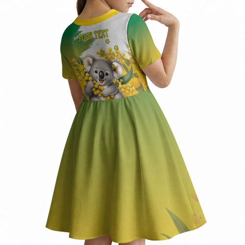 Australia Wattle Day Personalised Kid Short Sleeve Dress Acacia Pycnantha Cute Koala