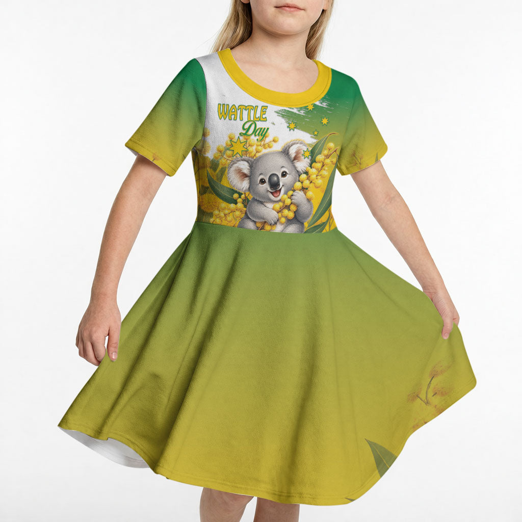 Australia Wattle Day Personalised Kid Short Sleeve Dress Acacia Pycnantha Cute Koala