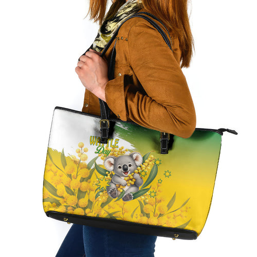 Australia Wattle Day Leather Tote Bag Acacia Pycnantha Cute Koala