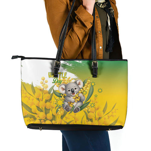 Australia Wattle Day Leather Tote Bag Acacia Pycnantha Cute Koala